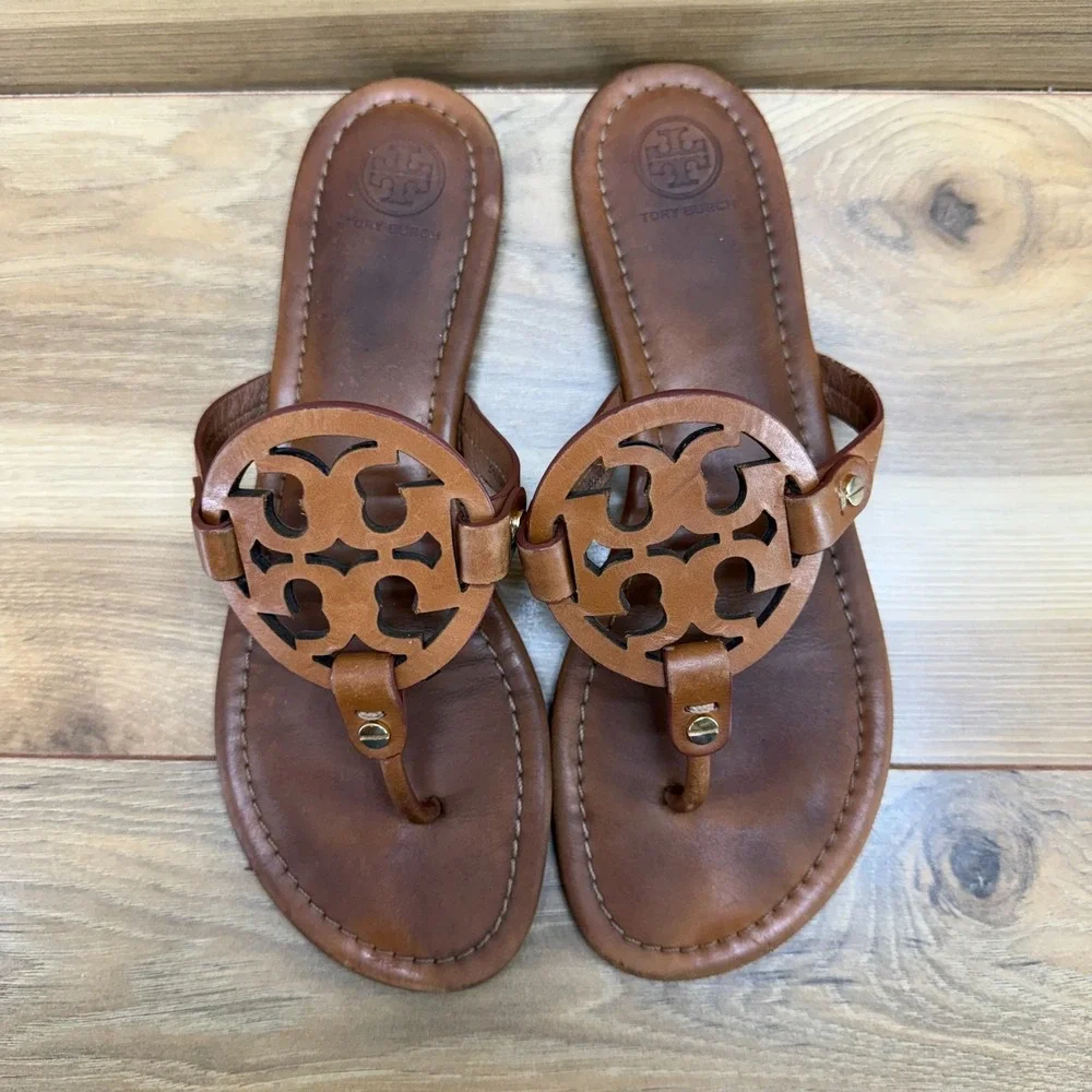 Tory Burch Miller Sandals 9.5 Royal Tan Leather Vacation Resort Flip Flops